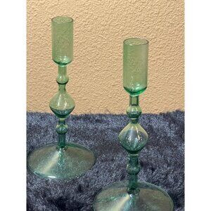 Poketo Glass Candlesticks Holder Green Set Of 2 With Elegant Design 8"